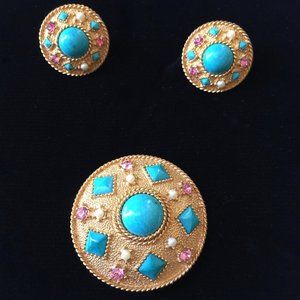 Turquoise and Pink Earring Brooch/Pendant Set